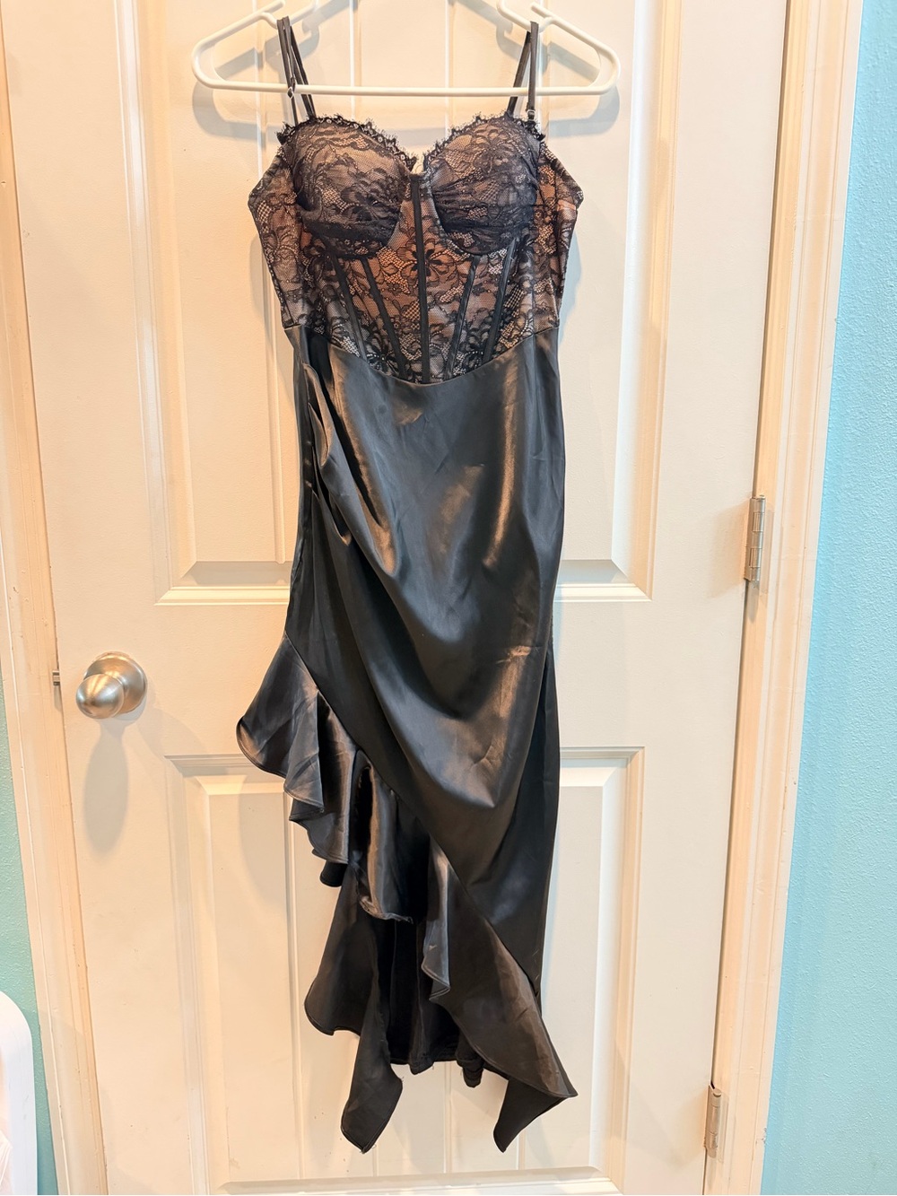 STEPS Black Lace Bustier Satin Slip Dress with Pink Lining
